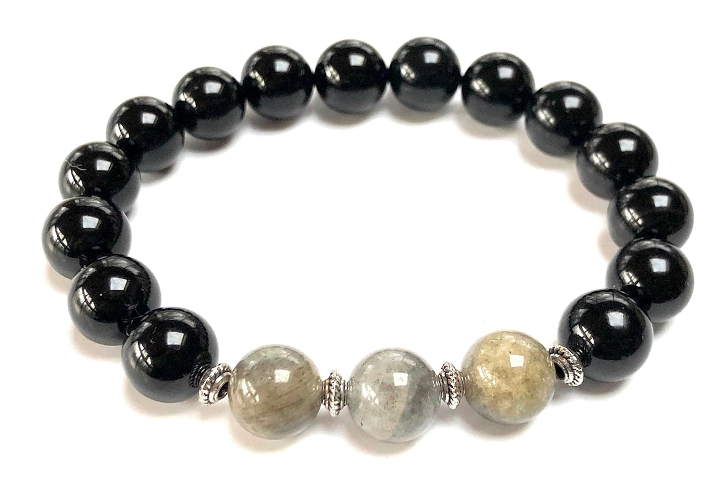 Black Tourmaline & Labradorite Stretch Bracelet – Birthstone for October, Sun Sign Scorpio & Libra, Root & Third Eye Chakra