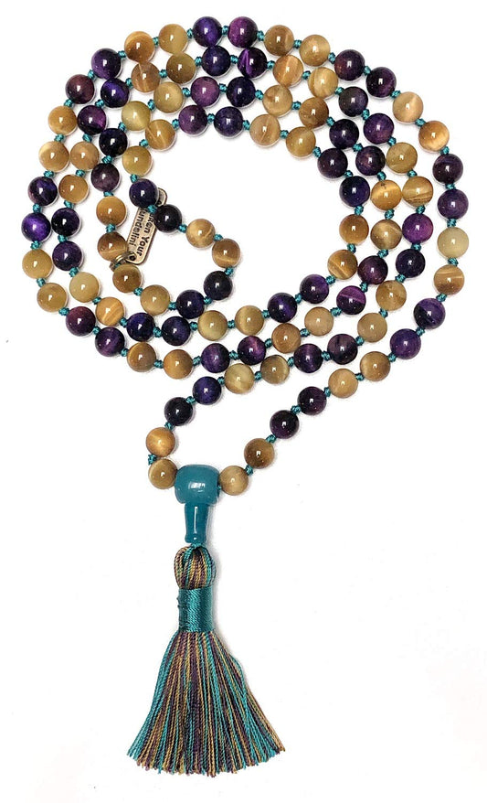 Embrace Balance and Beauty with this Exquisite Golden and Purple Tiger's Eye Mala Beads Necklace - Leo & Sagittarius Birthstone, Solar Plexus & Crown Chakra