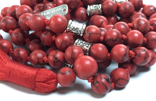 Hand Knotted Red Howlite Mala Necklace, 8mm 108 Beads with Zinc Alloy Spacers, 42-44 Inches - Taurus Birthstone, Gemini & Virgo Gemstone, Root Chakra
