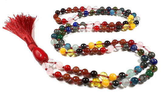 Hand Knotted Cosmic Chakra Symphony Mala Necklace | Rare Crystals for Harmony and Balance | 8mm 108 Prayer Beads | Multi-Chakra Alignment | Universal Birthstones | Ethically Sourced