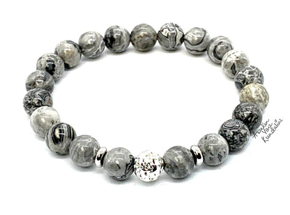 Scenic Jasper & Lava Rock Stretch Bracelet – Adjustable Size 5.5-9.5 Inches – Birthstone for Virgo & Libra - Root & Sacral Chakra