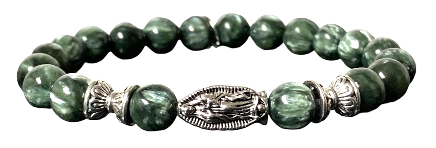 Seraphinite Stretch Bracelet with Choice of Alloy Silver Finish Mother Mary & Holy Cross or Lord Ganesha - Universal Birthstone - Heart & Crown Chakra