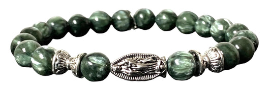 Seraphinite Stretch Bracelet with Choice of Alloy Silver Finish Mother Mary & Holy Cross or Lord Ganesha - Universal Birthstone - Heart & Crown Chakra
