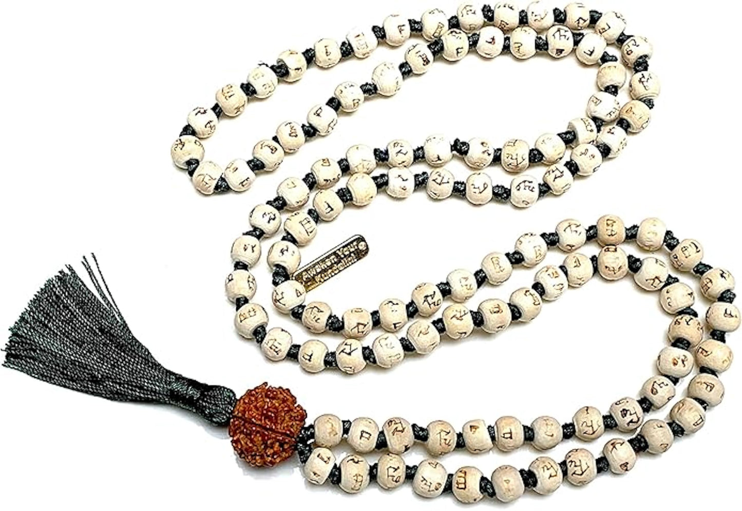 Tulsi Mala Beads Necklace w/ 5 Mukhi Rudraksha – 8mm Beads with "Ram" Inscription – Root Chakra & Aries Birthstone – Meditation Jewelry