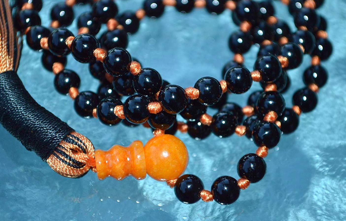 VESTA Black Tourmaline Mala Necklace with Orange Thread | Grounding, Protection & Vitality | 108 Hand-Knotted Beads | Root Chakra | Capricorn Birthstone | Handmade in USA