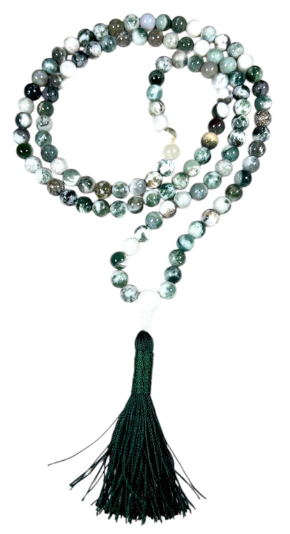 Handmade Green Tree Agate Mala Beads Necklace | 8mm 108 Beads | Hand-Knotted Spiritual Jewelry | Birthstone & Chakra Energy