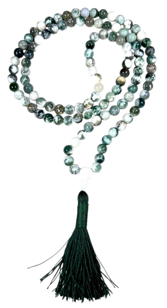 Handmade Green Tree Agate Mala Beads Necklace | 8mm 108 Beads | Hand-Knotted Spiritual Jewelry | Birthstone & Chakra Energy