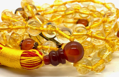 Citrine And Carnelian Mala Beads Necklace, 108 Beads – November & July Birthstone Necklace – Sagittarius & Cancer Zodiac – Sacral & Solar Plexus Chakra
