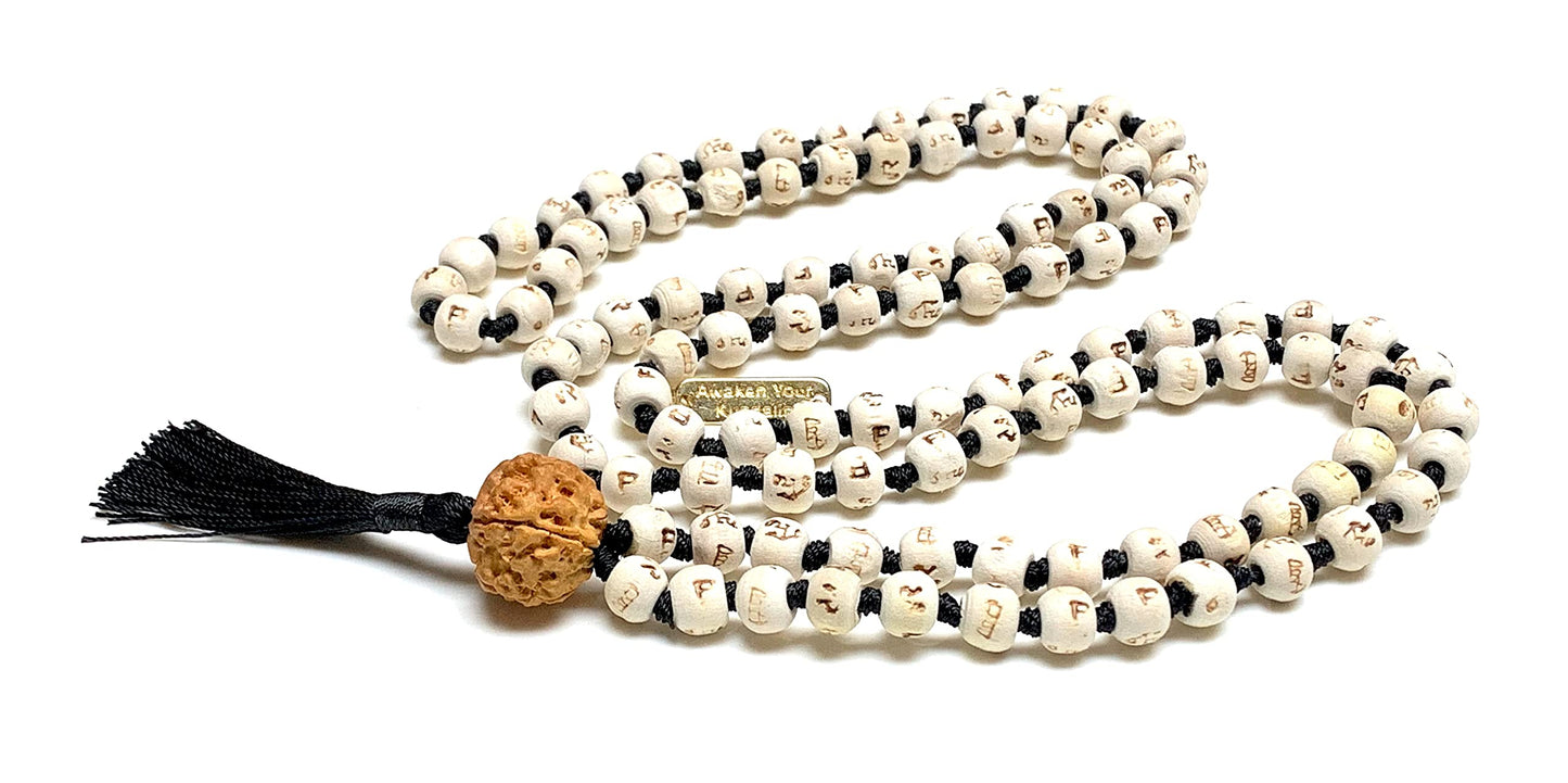 AWAKEN YOUR KUNDALINI Spiritual Harmony Tulsi Mala Necklace with 5 Mukhi Rudraksha - Cancerian Birthstone - Heart & Sacral Chakra Balance
