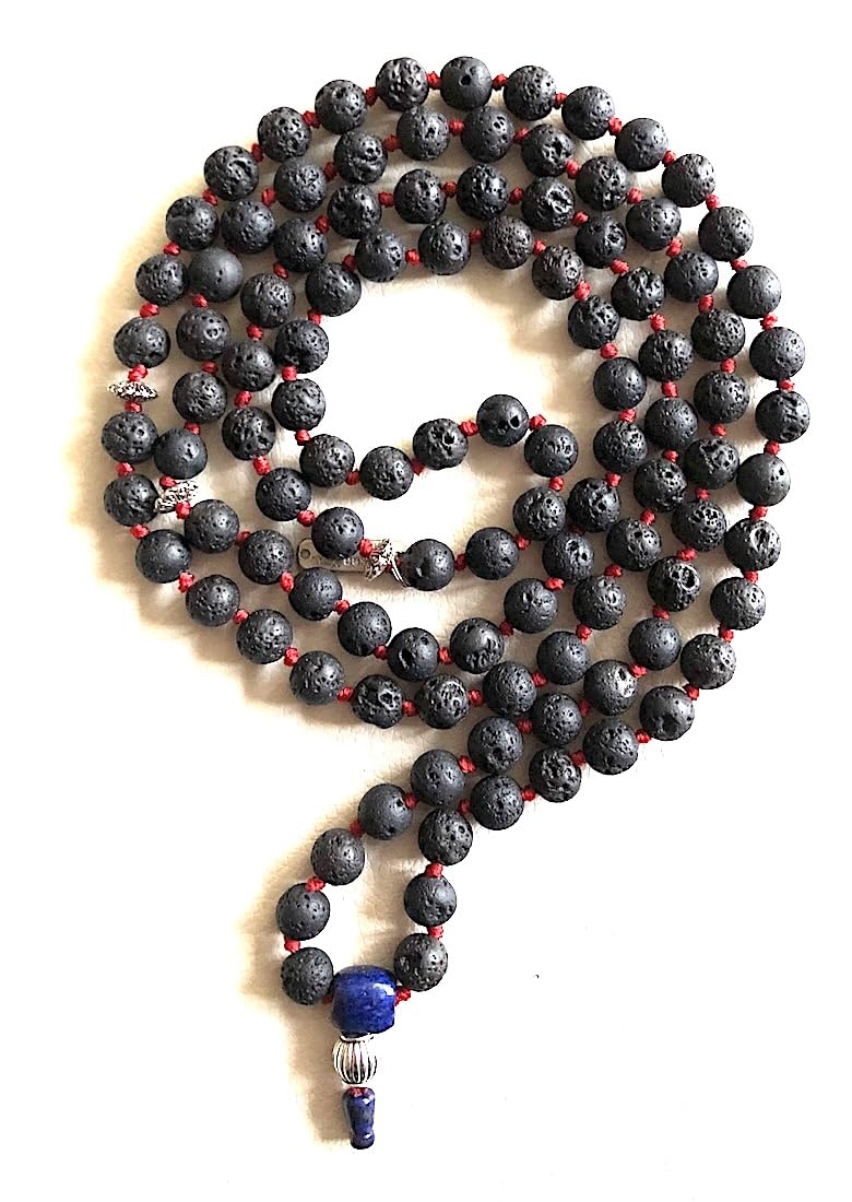VULCAN Lava Mala Necklace with Lapis Guru Bead | Hand-Knotted 108 Beads
