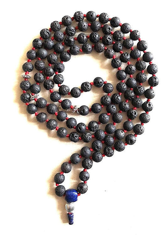 VULCAN Lava Mala Necklace with Lapis Guru Bead | Hand-Knotted 108 Beads