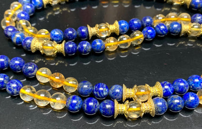 Handmade Golden Wisdom Mala Necklace – Citrine & Lapis Lazuli | 8mm 108 Beads | Solar Plexus & Throat Chakras | November & September Birthstones | Ethically Sourced