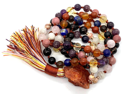 Hand Knotted Calming Energy Emotional Balance Mala Beaded Necklace – 8mm | 108 Beads | 12-Stone Chakra Harmony | Ethically Sourced Gemstones