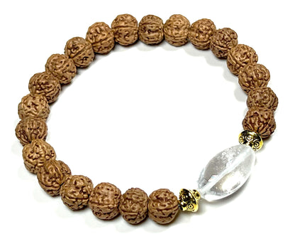 5 Mukhi Pathri Chikna Rudraksha and Himalayan Ice Crystal Quartz Stretch Bracelet – December Birthstone, Sagittarius Astrological Sign, Crown Chakra