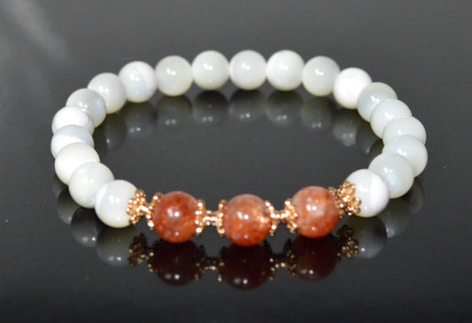 Mother of Pearl and AAAAA Grade Sunstone Beads Stretch Bracelet – Solar Plexus Chakra, Leo Birthstone