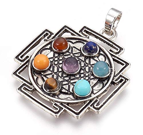 AWAKEN YOUR KUNDALINI Sri Yantra Seven Chakra Gemstone Pendant, Harmony and Balance, Approx. 1.25 Inches, Antique Zinc Alloy Finish