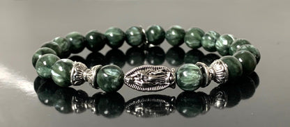 Seraphinite Stretch Bracelet with Choice of Alloy Silver Finish Mother Mary & Holy Cross or Lord Ganesha - Universal Birthstone - Heart & Crown Chakra