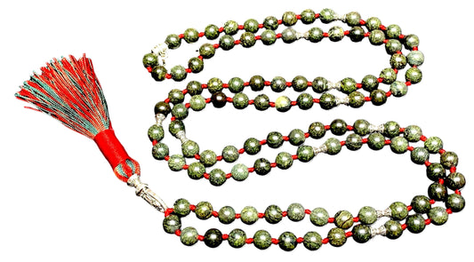 Hand Knotted Sacred Serpent Mala – Serpentine Beads | 8mm 108 Beads | Heart Chakra | May Birthstone Energy | Ethically Sourced