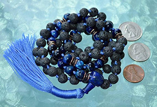 VULCAN Blue Tiger’s Eye & Lava Mala Necklace | 108 Beads for Grounding & Focus