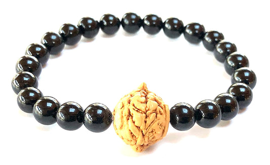 Black Tourmaline & Bodhi Satva Bead Stretch Bracelet – Birthstone for October, Sun Sign Scorpio & Libra, Root Chakra