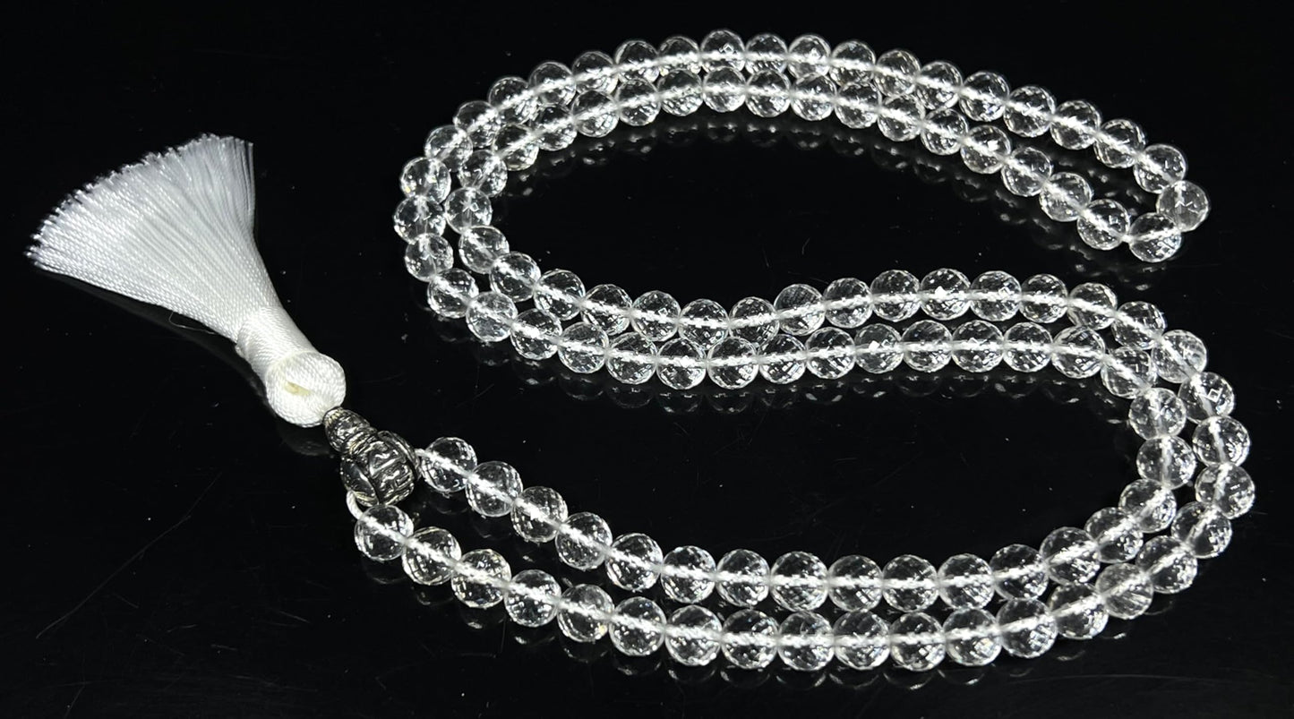Diamond Cut Crystal Quartz Mala Beads Necklace – 108 Beads – Alloy Guru Bead with "Om Mani Padme Hum" Mantra Inscription – 6mm & 8mm – April Birthstone & Crown Chakra Energy Beads