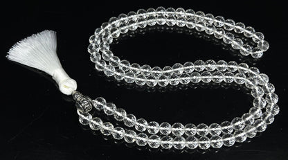 Diamond Cut Crystal Quartz Mala Beads Necklace – 108 Beads – Alloy Guru Bead with "Om Mani Padme Hum" Mantra Inscription – 6mm & 8mm – April Birthstone & Crown Chakra Energy Beads