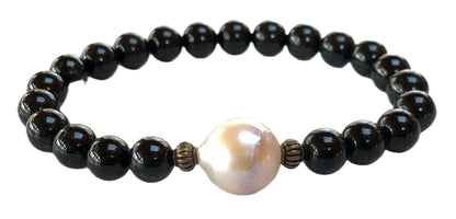 VESTA Black Tourmaline & 14MM Natural Pearl Bracelet | Grounding, Elegance & Protection | Root Chakra Energy | Handmade in USA