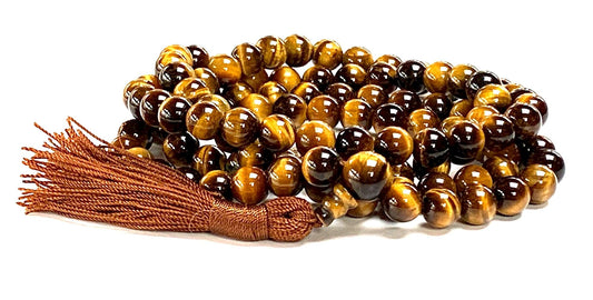 AWAKEN YOUR KUNDALINI Tiger's Eye Mala Beads Necklace - 3rd Chakra Throat Chakra 108 Prayer Beads - Grounding, Will Power, Intuition