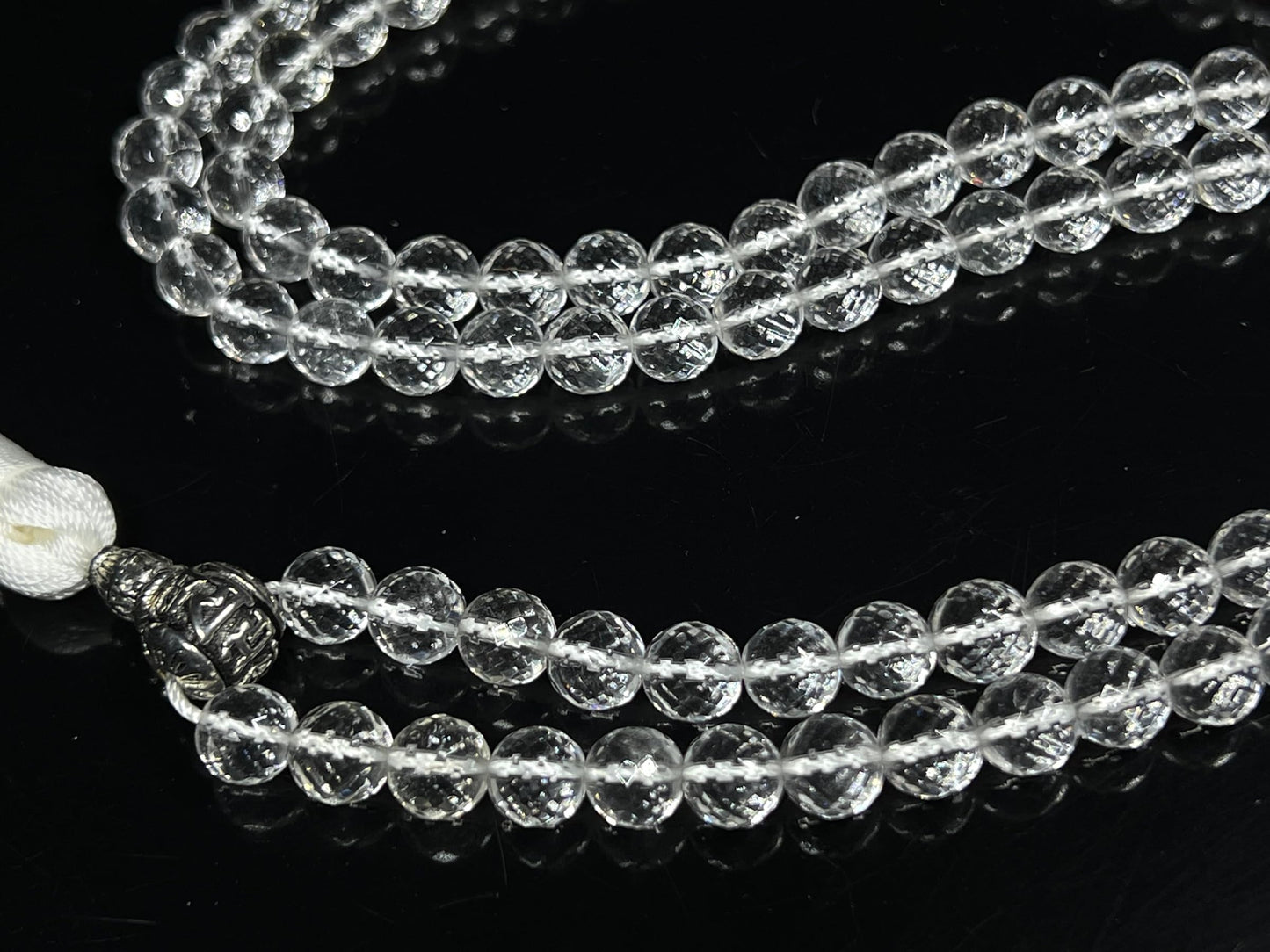 Diamond Cut Crystal Quartz Mala Beads Necklace – 108 Beads – Alloy Guru Bead with "Om Mani Padme Hum" Mantra Inscription – 6mm & 8mm – April Birthstone & Crown Chakra Energy Beads