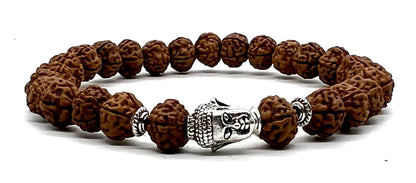Cultivate Inner Peace: Handmade 5 Mukhi Rudraksha & Buddha Head Bracelet (8mm) - Root Chakra Balance & Universal Birthstone