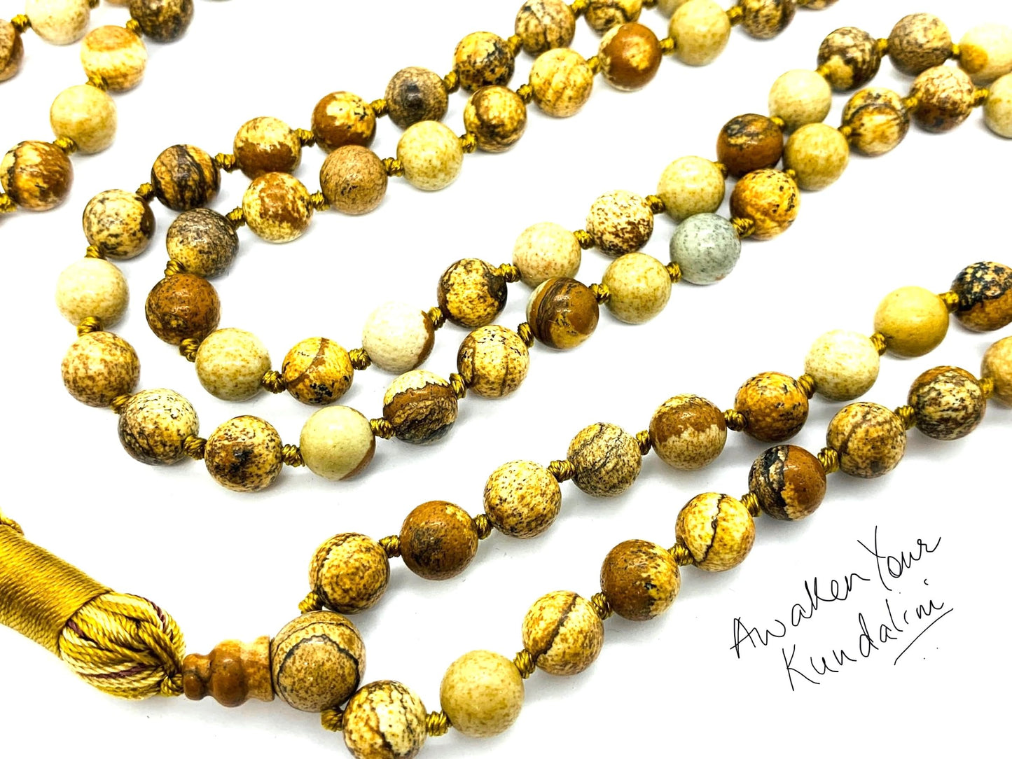 Hand-Knotted Picture Jasper Mala Beads Necklace – 8mm 108 Beads – Root Chakra & Virgo Birthstone – Meditation Jewelry