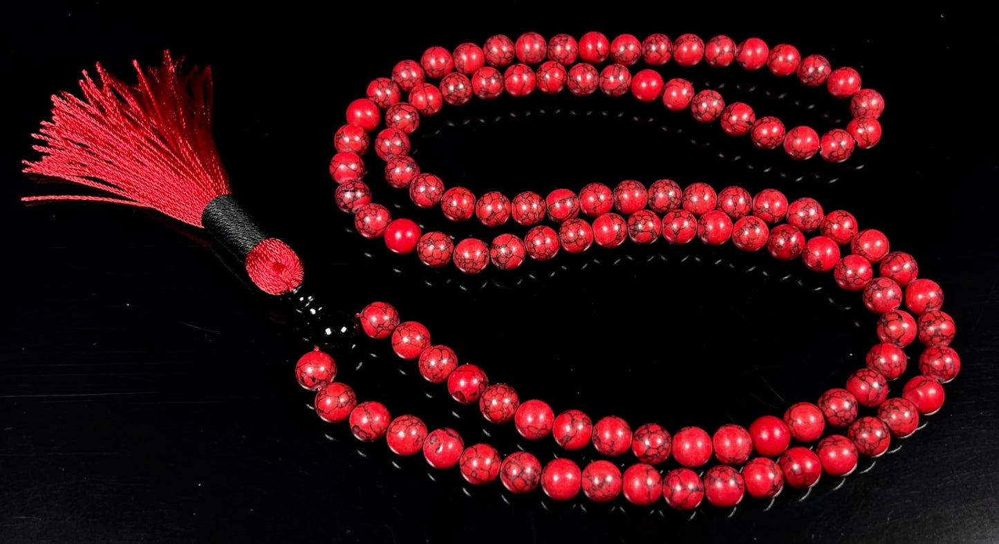 Handmade Red Howlite Mala Beads Necklace | 8mm 108 Beads | Black Onyx Guru Bead | Hand-Knotted Spiritual Jewelry | Birthstone & Root Chakra Energy