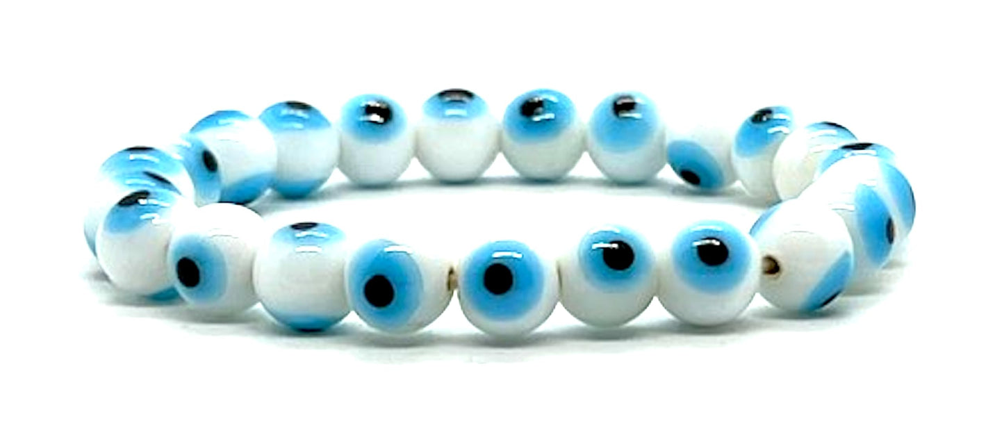 Purity & New Beginnings: Handmade White Evil Eye Charm Bracelet (8mm Beads) - Cancer & Virgo Birthstone