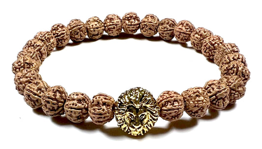 Unleash Inner Strength & Grounding: Handmade 5 Mukhi Rudraksha & Golden Polished Lion Head Bracelet (8mm) - Root Chakra & Universal Sun Sign