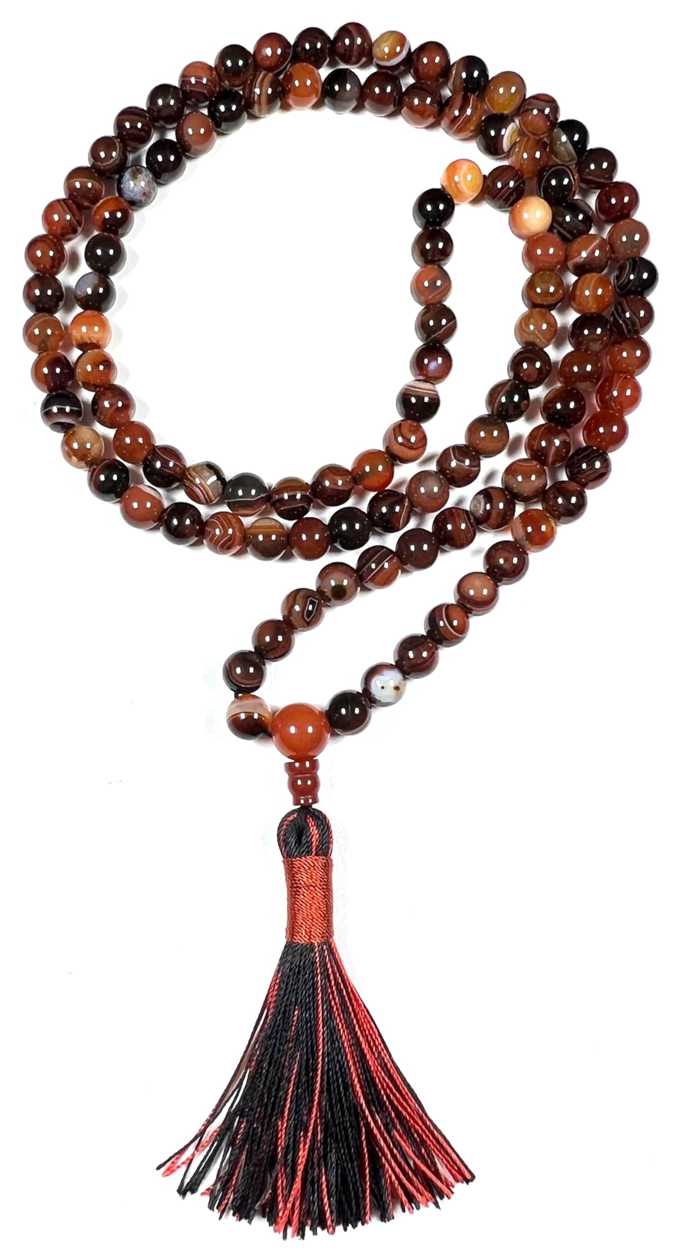 Handmade Red Striped Agate Mala Beads Necklace – 8mm, 108 Beads – Root Chakra, Aries & Scorpio Birthstone