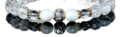 Handmade AAA Crackled and Faceted Crystal Quartz with Mother of Pearl Stretch Bracelet, Gemini Birthstone, May-June Sun Sign, Crown Chakra