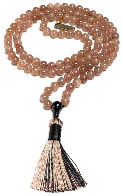 Awaken Your Kundalini Crystals Mala Beads Necklace Reiki healing stones Blessed & Energized Handmade 108 Buddhist Prayer Beads - Comes w/Velvet Pouch (Strawberry Quartz, 8 mm)