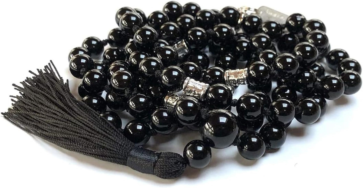 Hand-knotted Black Onyx Mala Necklace (8mm 108 Beads) with Zinc Alloy Spacers - Capricorn and Leo Birthstone Crystals