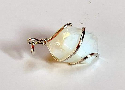 AWAKEN YOUR KUNDALINI Libra Birthstone Pendant - Raw Opal Opalite Crystal Wrapped in Zinc Alloy Wire (#UORWZP)