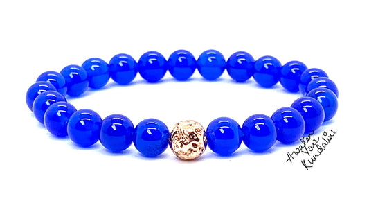 Blue Jade Stretch Bracelet with Lava Bead - March Birthstone For Pisces - Throat Chakra Alignment, Balancing, Activation