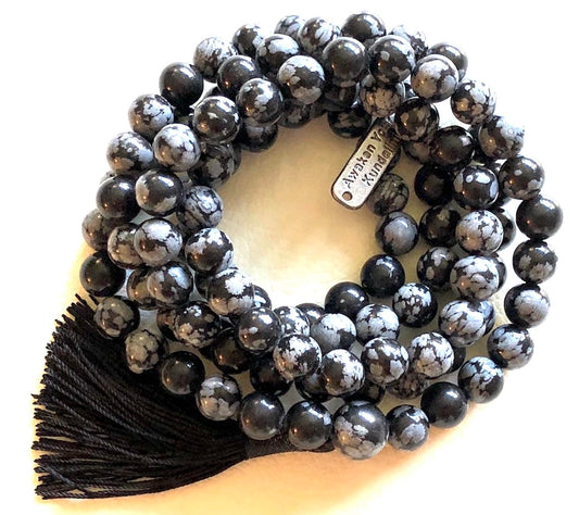 Snowflake Obsidian Mala Beads Necklace, 8mm 108 Mala Beads, Capricorn and Virgo Birthstone Crystal Gemstones