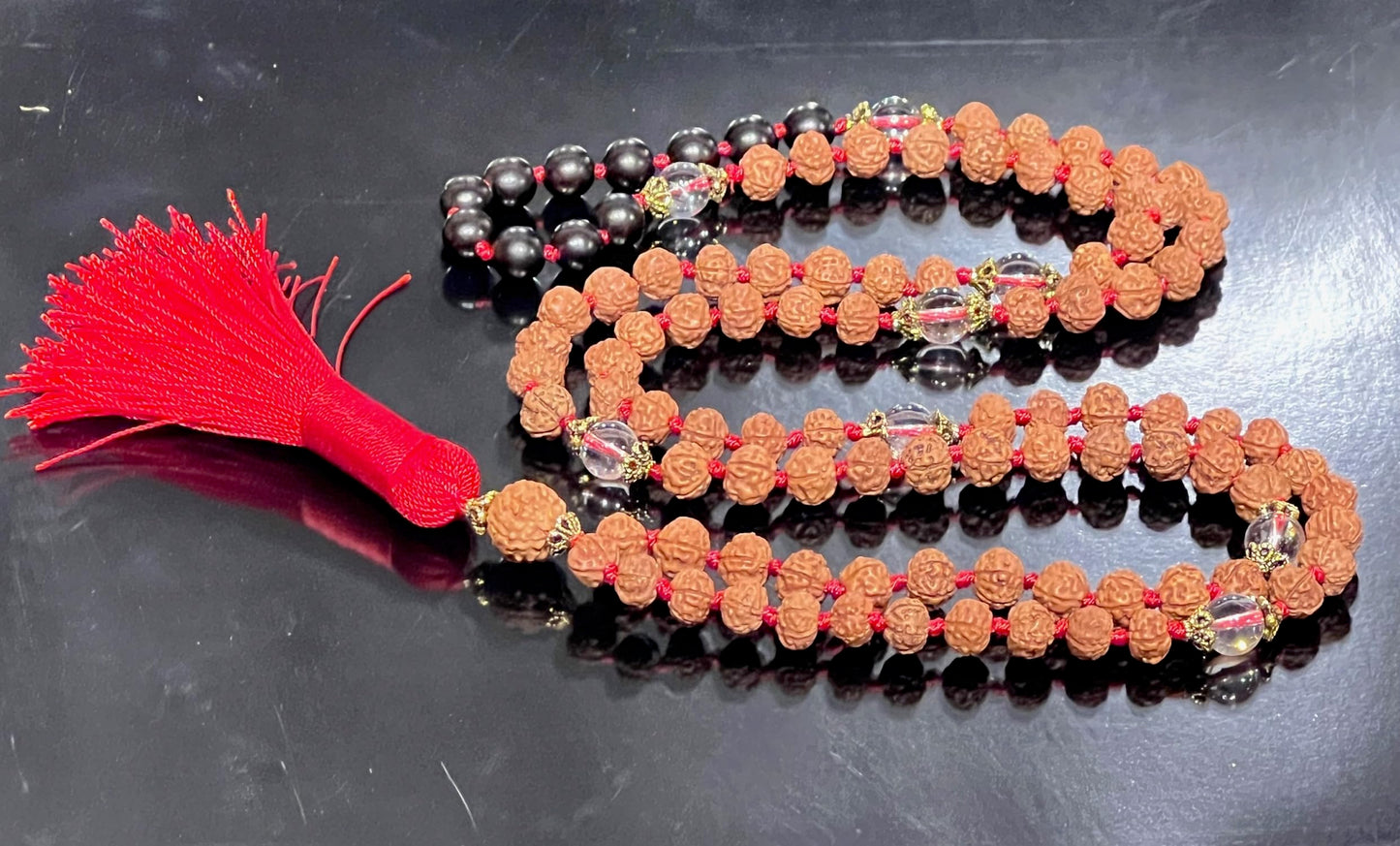 Black Tourmaline, Crystal Quartz & 5 Mukhi Rudraksha Mala Necklace (8mm Beads) - Universal Protection, Purification, and Inner Peace