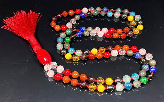 Hand Knotted Cosmic Chakra Symphony Mala Necklace | Rare Crystals for Harmony and Balance | 8mm 108 Prayer Beads | Multi-Chakra Alignment | Universal Birthstones | Ethically Sourced