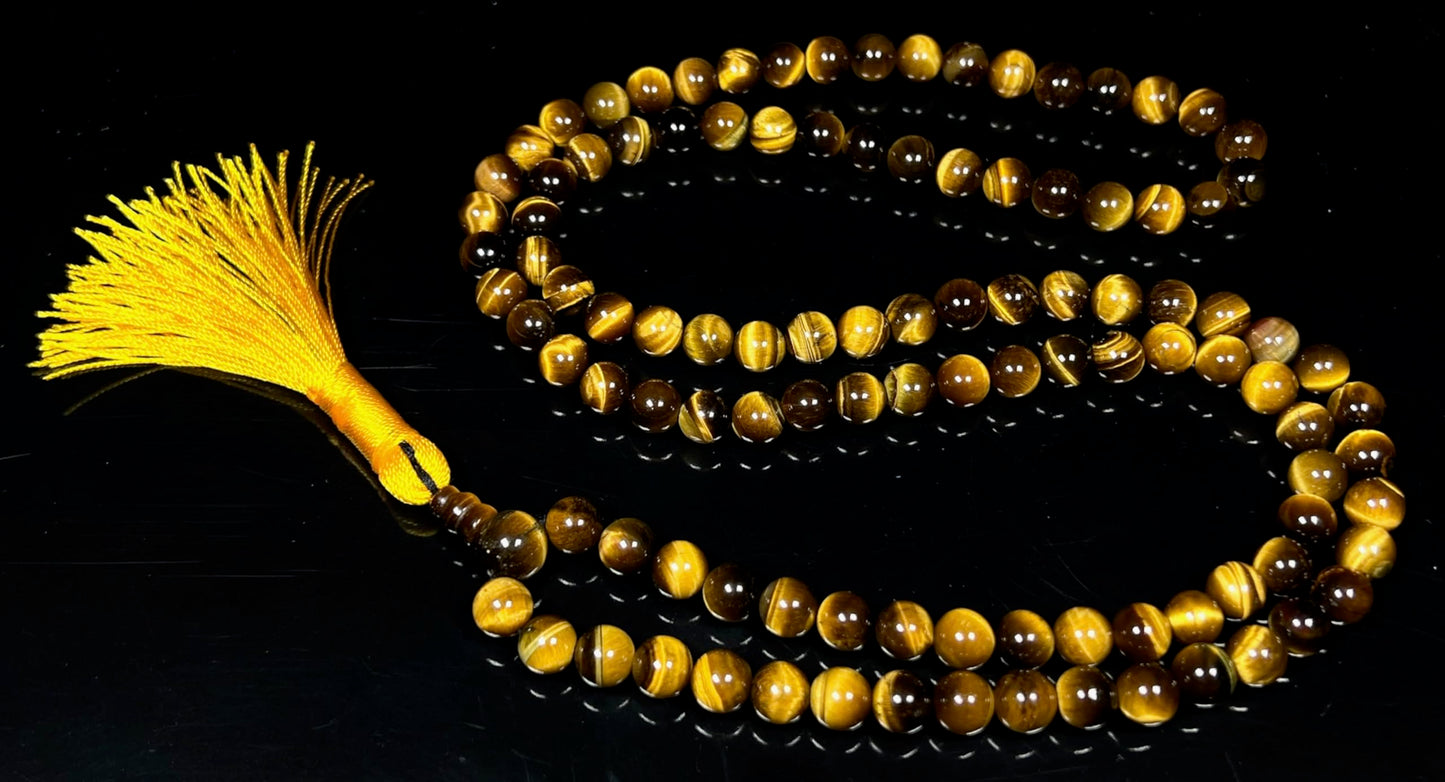 Handmade Tiger's Eye Mala Beads Necklace – 8mm 108 Beads – Multicolor Options – Solar Plexus Chakra & Zodiac Birthstones – Meditation Jewelry
