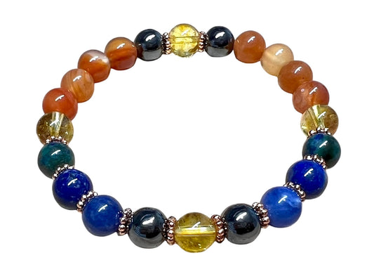 Celestial Harmony Bracelet with Lapis Lazuli, Citrine, Carnelian, Hematite, and Moss Agate Beads - Multi Chakra and Multi Birthstone Association