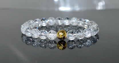 Himalayan Ice Crystal Quartz and Lava Beads Stretch Bracelet – Multi Tone Finish – Aries Birthstone – Universal Sun Sign - Crown Chakra Energy Bracelet