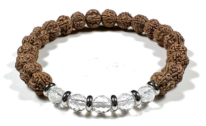 5 Mukhi Chikna Rudraksha Bracelet with Crystal Quartz | Stretch Beads for Balance & Clarity