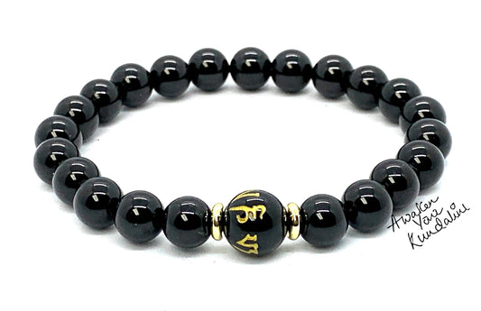 Black Obsidian Buddhist Prayer Beads Stretch Bracelet - Om Mani Padme Hum Mantra - Scorpio Zodiac Birthstone for October November - Root Chakra Association