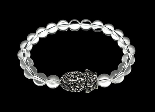 8mm Clear Crystal Quartz beaded stretch bracelet with a silver intricate Ganesha  charm