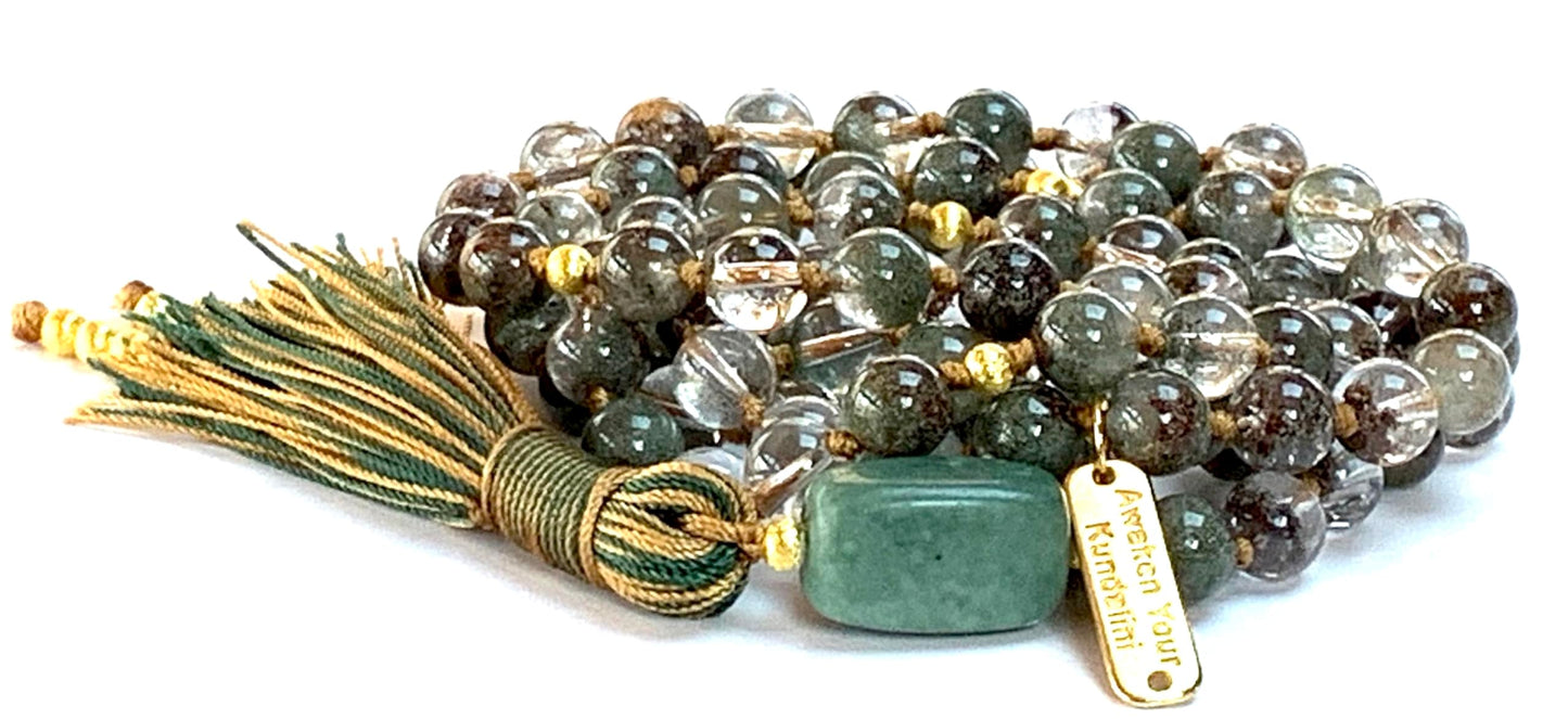 Hand Knotted Lodolite (Garden Quartz) Mala Beads Necklace – 8mm 108 Beads | Heart Chakra & May Birthstone | Ethically Sourced